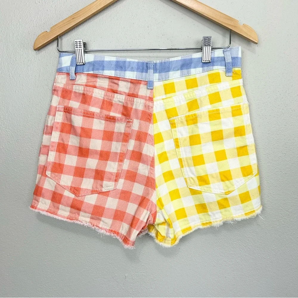 Farm Rio Gingham High Rise Shorts Size Small Red Blue Yellow Denim Cut Off - Picture 7 of 12